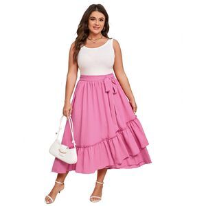3144 Summer High Waist Skirt Boho Tie Knot Maxi Skirt Casual Beach Ruffled